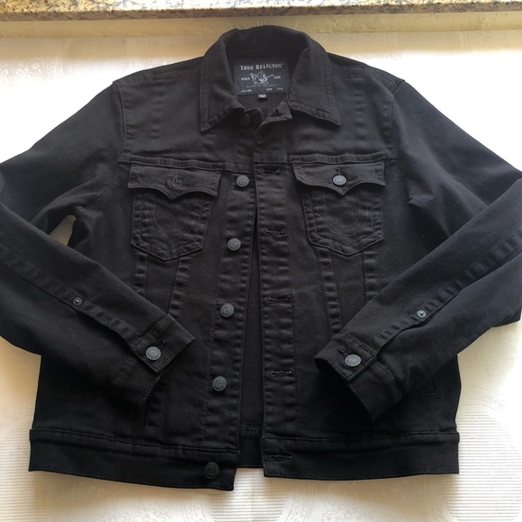 True Religion Trucker Jacket Body Rinse Black Denim Jeans Coat Men’s Size XL - Picture 1 of 16